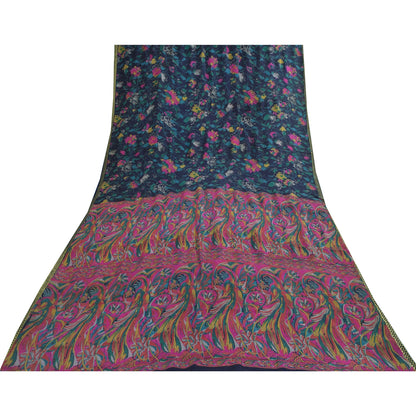 Sanskriti Vintage Sarees Blue Pure Silk Printed Woven Sari 5+yd Craft Fabric