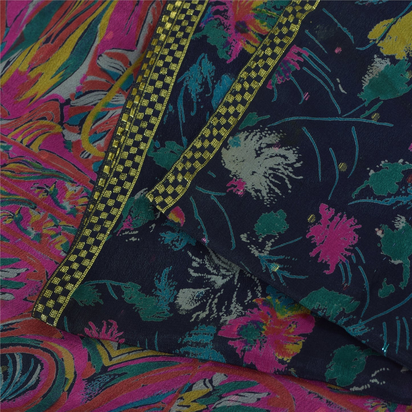 Санскритские винтажные сари, синее чистое шелковое ситцевое сари, 5+ ярдов, ткань для рукоделия