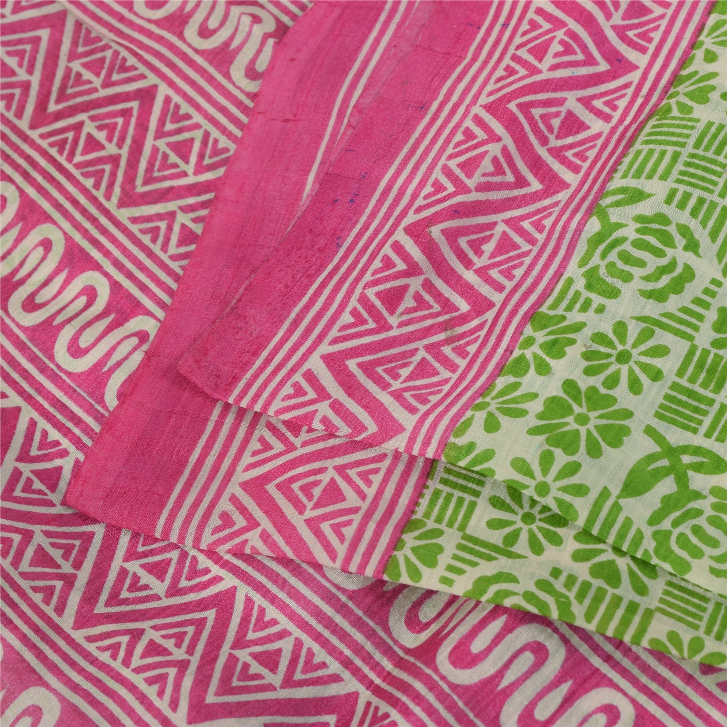 Sanskriti Vintage Sarees Green & Pink Pure Silk Printed Sari 5+yd Craft Fabric