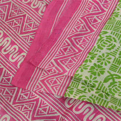 Sanskriti Vintage Sarees Green & Pink Pure Silk Printed Sari 5+yd Craft Fabric