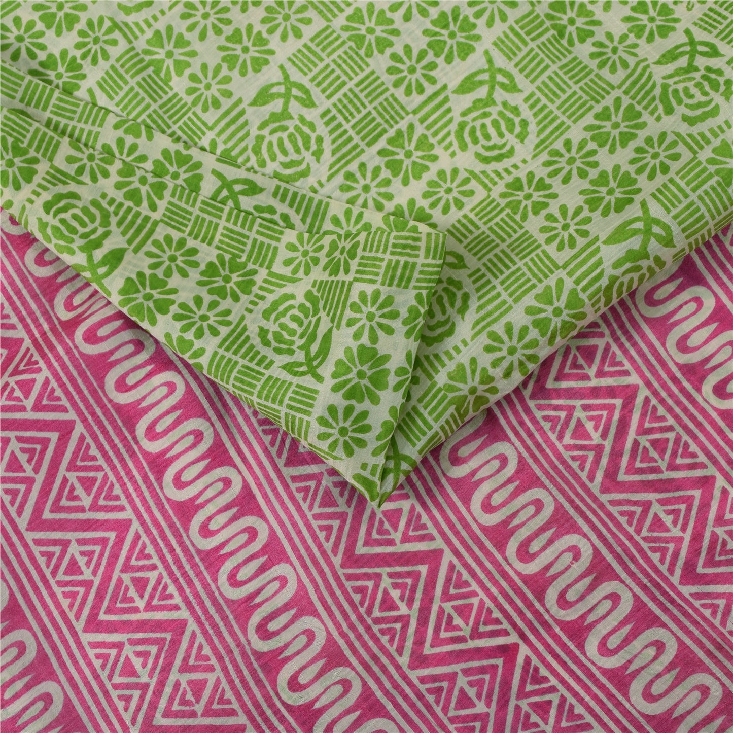 Sanskriti Vintage Sarees Green & Pink Pure Silk Printed Sari 5+yd Craft Fabric
