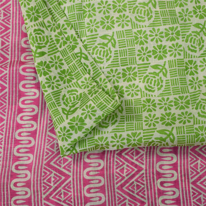 Sanskriti Vintage Sarees Green & Pink Pure Silk Printed Sari 5+yd Craft Fabric