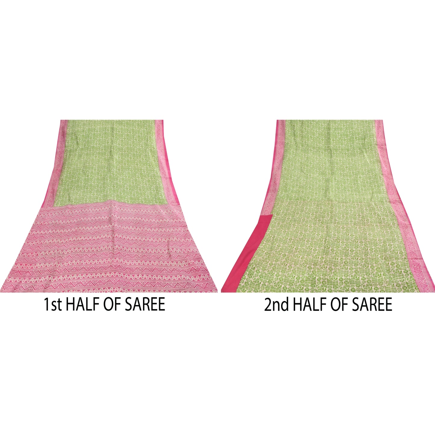 Sanskriti Vintage Sarees Green & Pink Pure Silk Printed Sari 5+yd Craft Fabric