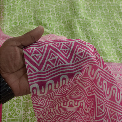Sanskriti Vintage Sarees Green & Pink Pure Silk Printed Sari 5+yd Craft Fabric