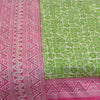 Sanskriti Vintage Sarees Green & Pink Pure Silk Printed Sari 5+yd Craft Fabric
