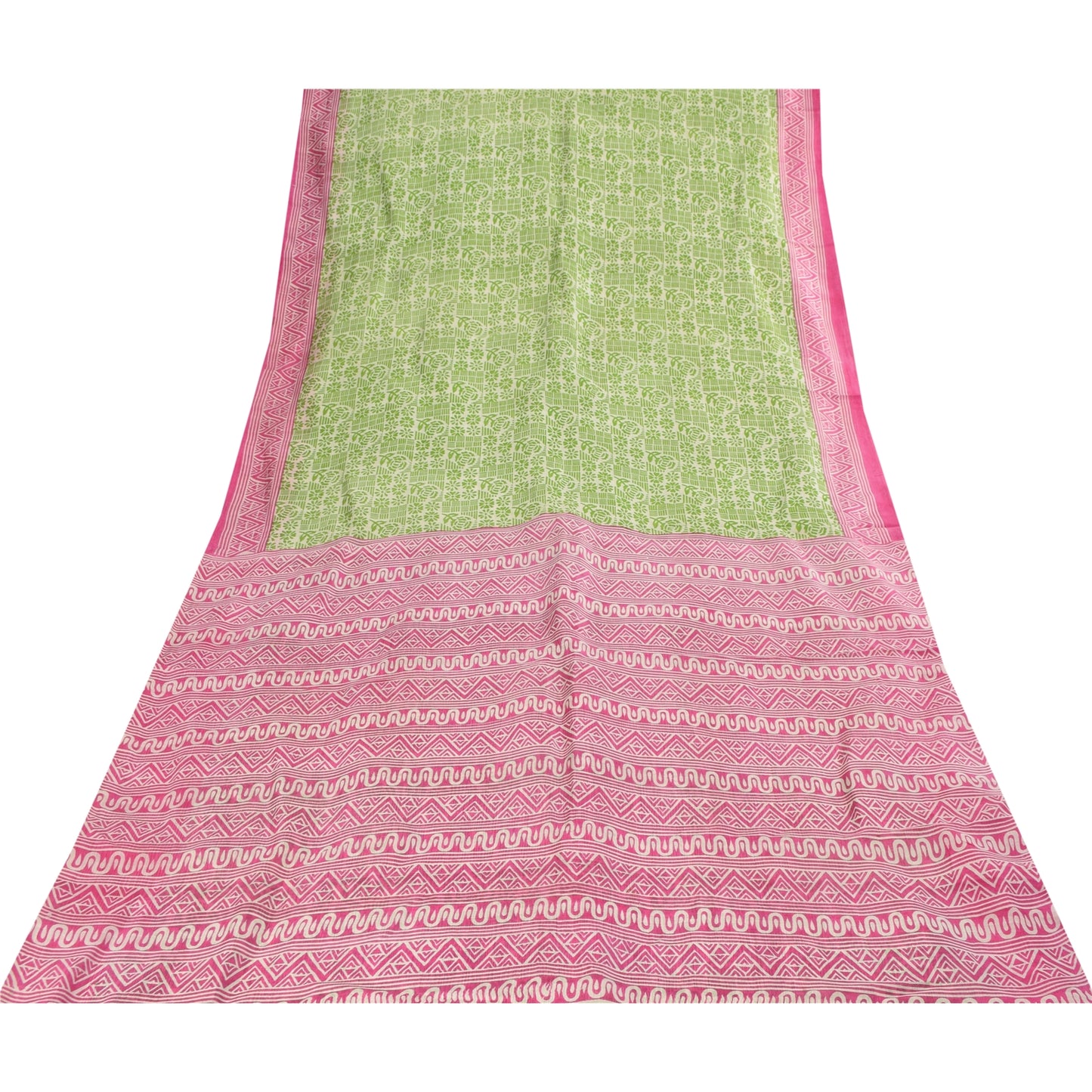 Sanskriti Vintage Sarees Green & Pink Pure Silk Printed Sari 5+yd Craft Fabric