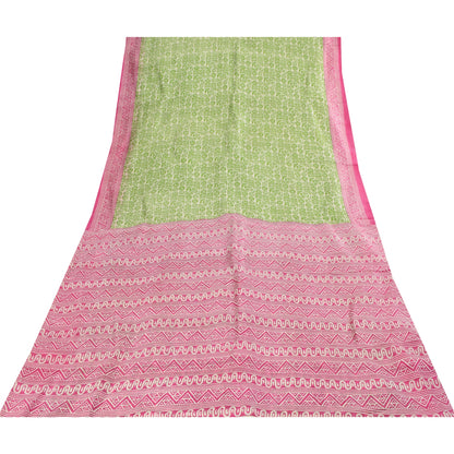 Sanskriti Vintage Sarees Green & Pink Pure Silk Printed Sari 5+yd Craft Fabric