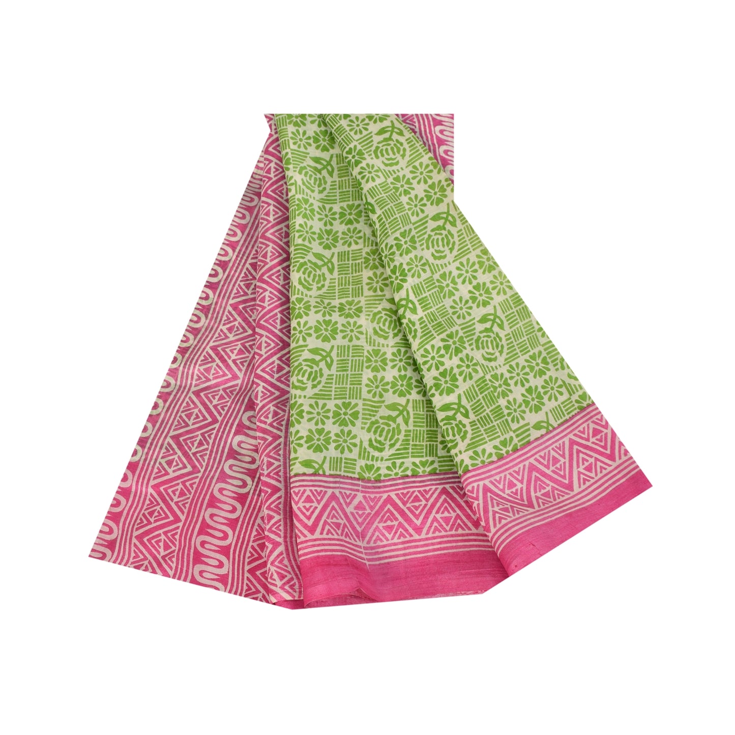 Sanskriti Vintage Sarees Green & Pink Pure Silk Printed Sari 5+yd Craft Fabric