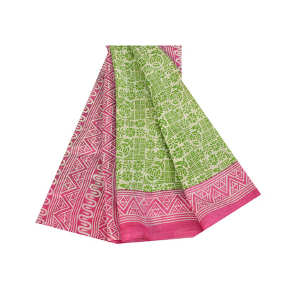 Sanskriti Vintage Sarees Green & Pink Pure Silk Printed Sari 5+yd Craft Fabric