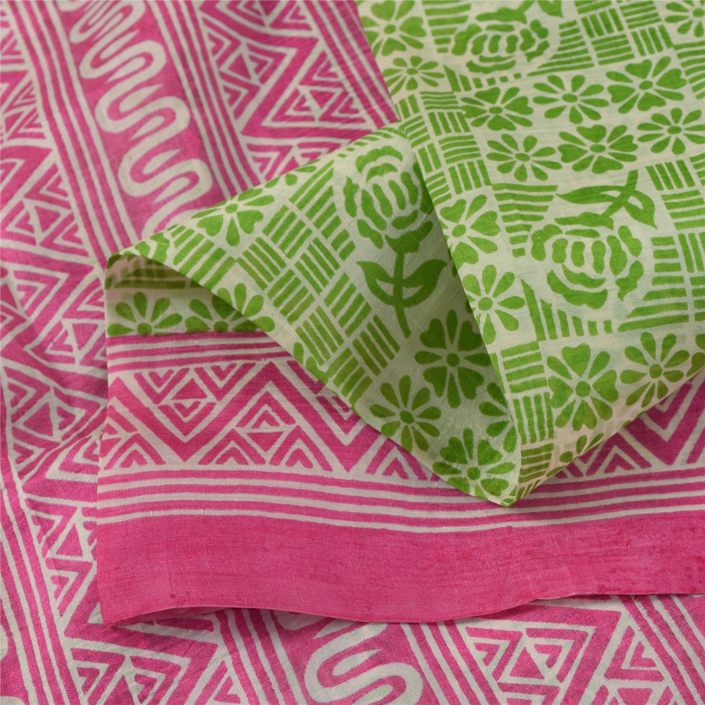 Sanskriti Vintage Sarees Green & Pink Pure Silk Printed Sari 5+yd Craft Fabric