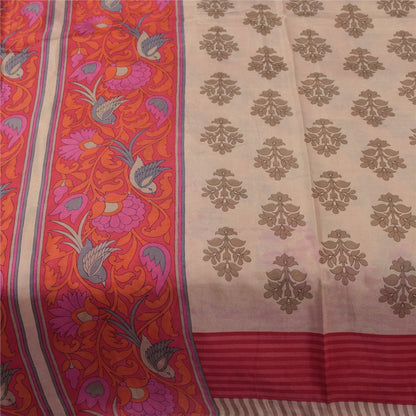 Sanskriti Vintage Sarees Ivory Pure Silk Bird Printed Sari 5+yd Craft Fabric