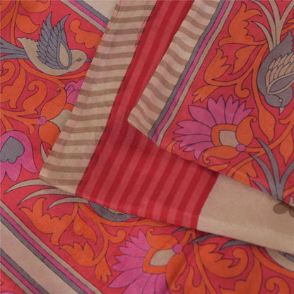 Sanskriti Vintage Sarees Ivory Pure Silk Bird Printed Sari 5+yd Craft Fabric