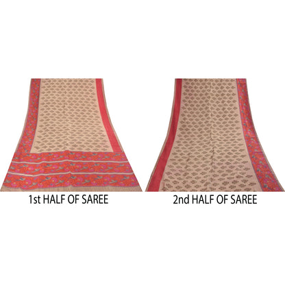 Sanskriti Vintage Sarees Ivory Pure Silk Bird Printed Sari 5+yd Craft Fabric