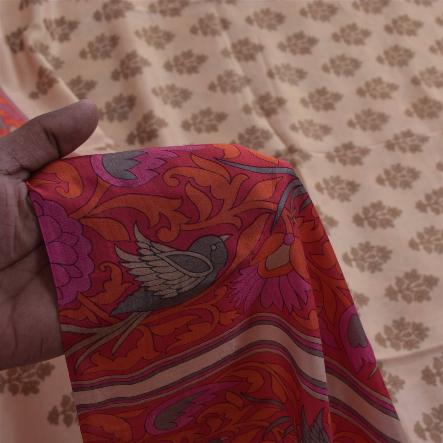 Sanskriti Vintage Sarees Ivory Pure Silk Bird Printed Sari 5+yd Craft Fabric