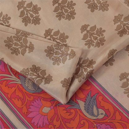 Sanskriti Vintage Sarees Ivory Pure Silk Bird Printed Sari 5+yd Craft Fabric