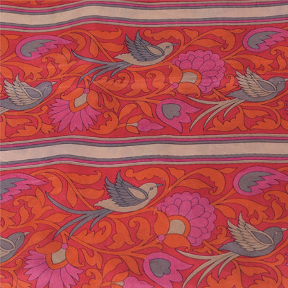 Sanskriti Vintage Sarees Ivory Pure Silk Bird Printed Sari 5+yd Craft Fabric