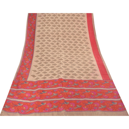 Sanskriti Vintage Sarees Ivory Pure Silk Bird Printed Sari 5+yd Craft Fabric