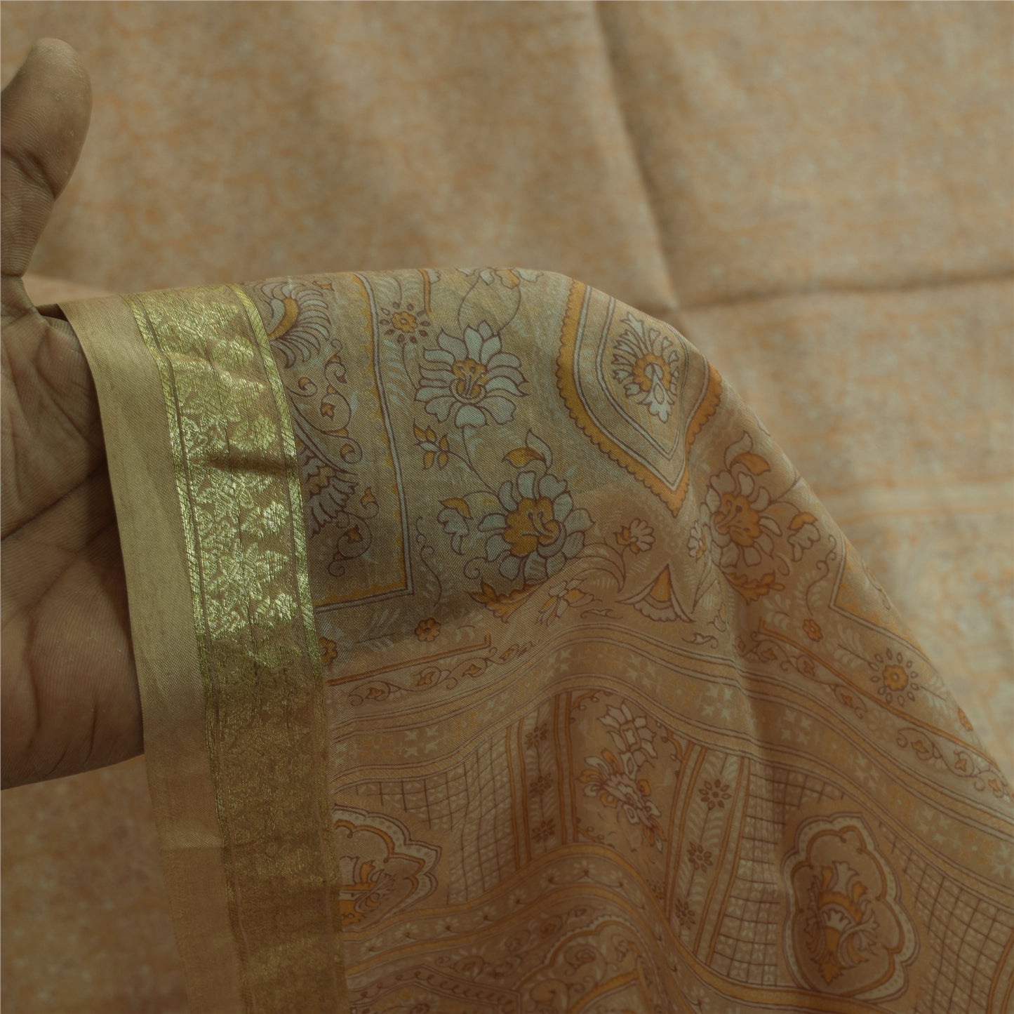 Санскритские винтажные сари кремового цвета с зари-каймом 100% чистый шелк с принтом сари 6 ярдов ткань