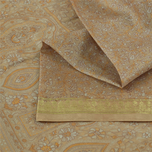 Sanskriti Vintage Sarees Cream Zari Border 100%Pure Silk Printed Sari 6yd Fabric