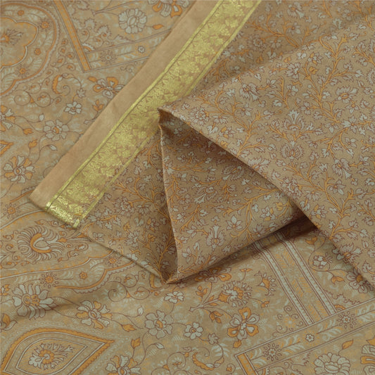 Sanskriti Vintage Sarees Cream Zari Border 100%Pure Silk Printed Sari 6yd Fabric