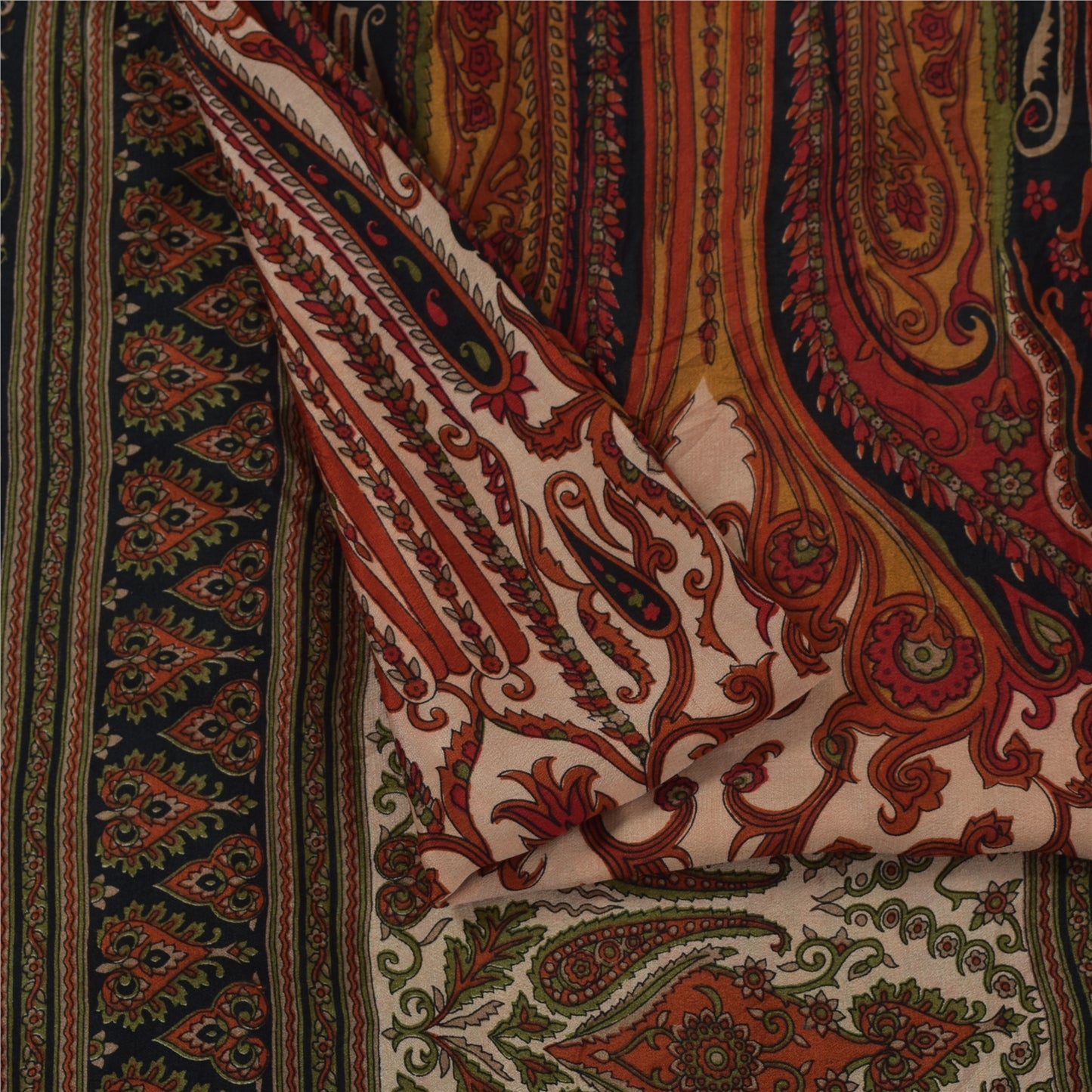 Sanskriti Vintage Sarees Peach & Red Pure Silk Printed Sari 5+yd Craft Fabric