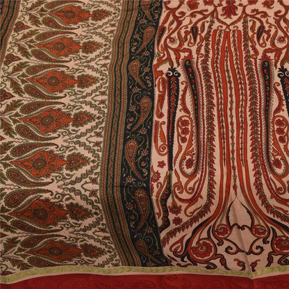 Sanskriti Vintage Sarees Peach & Red Pure Silk Printed Sari 5+yd Craft Fabric