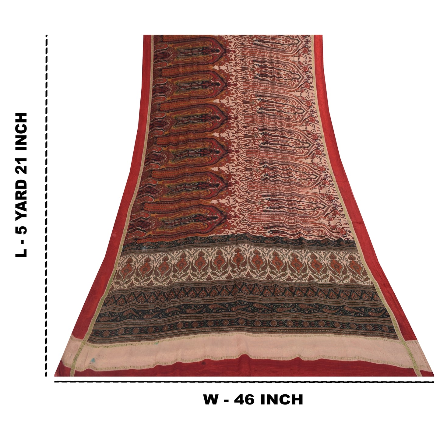 Sanskriti Vintage Sarees Peach & Red Pure Silk Printed Sari 5+yd Craft Fabric
