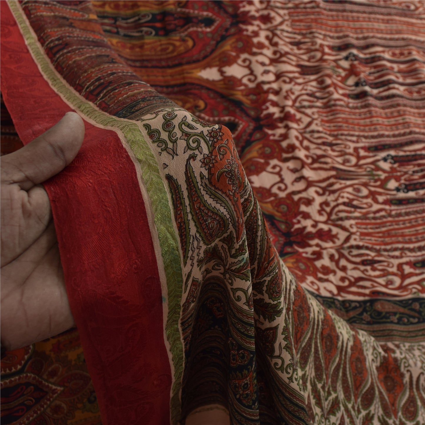 Sanskriti Vintage Sarees Peach & Red Pure Silk Printed Sari 5+yd Craft Fabric