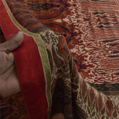 Sanskriti Vintage Sarees Peach & Red Pure Silk Printed Sari 5+yd Craft Fabric