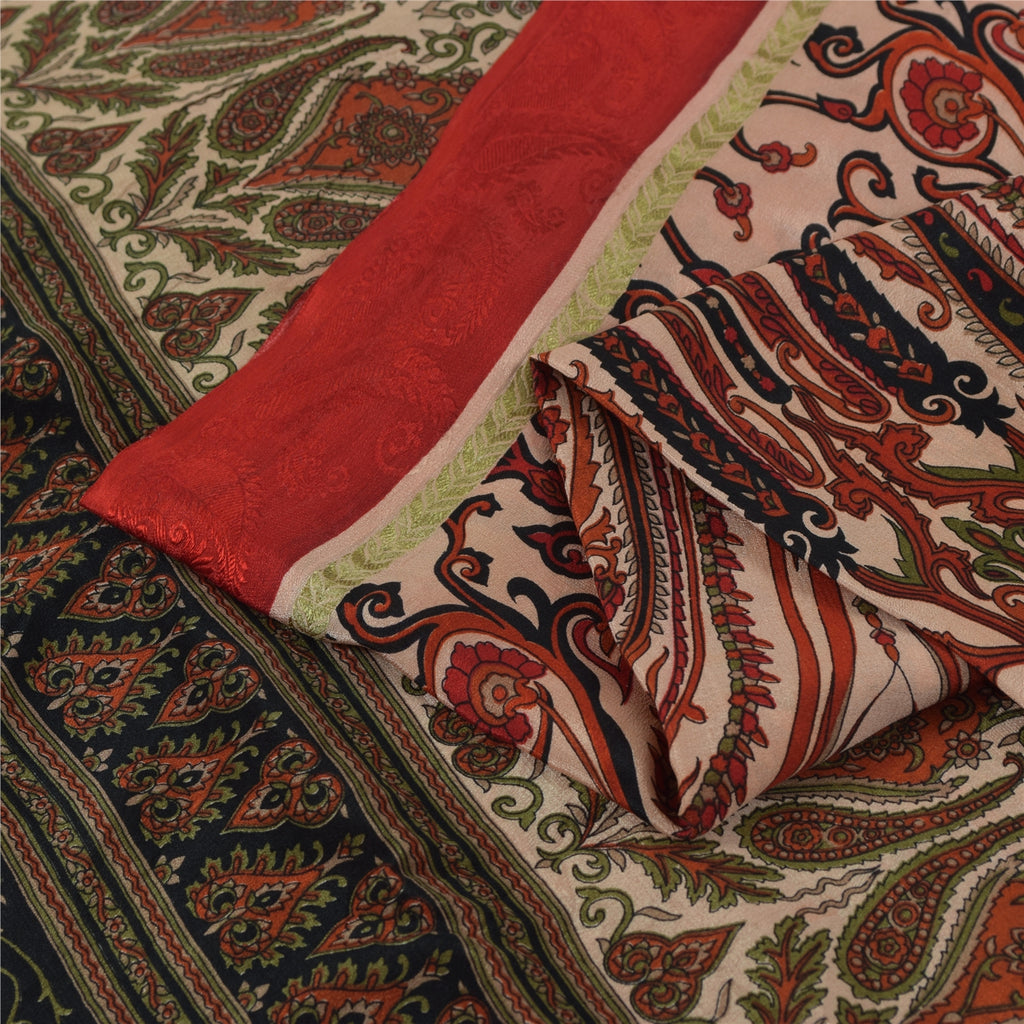 Sanskriti Vintage Sarees Peach & Red Pure Silk Printed Sari 5+yd Craft Fabric