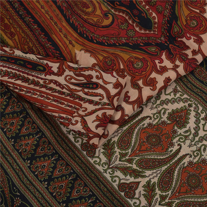 Sanskriti Vintage Sarees Peach & Red Pure Silk Printed Sari 5+yd Craft Fabric