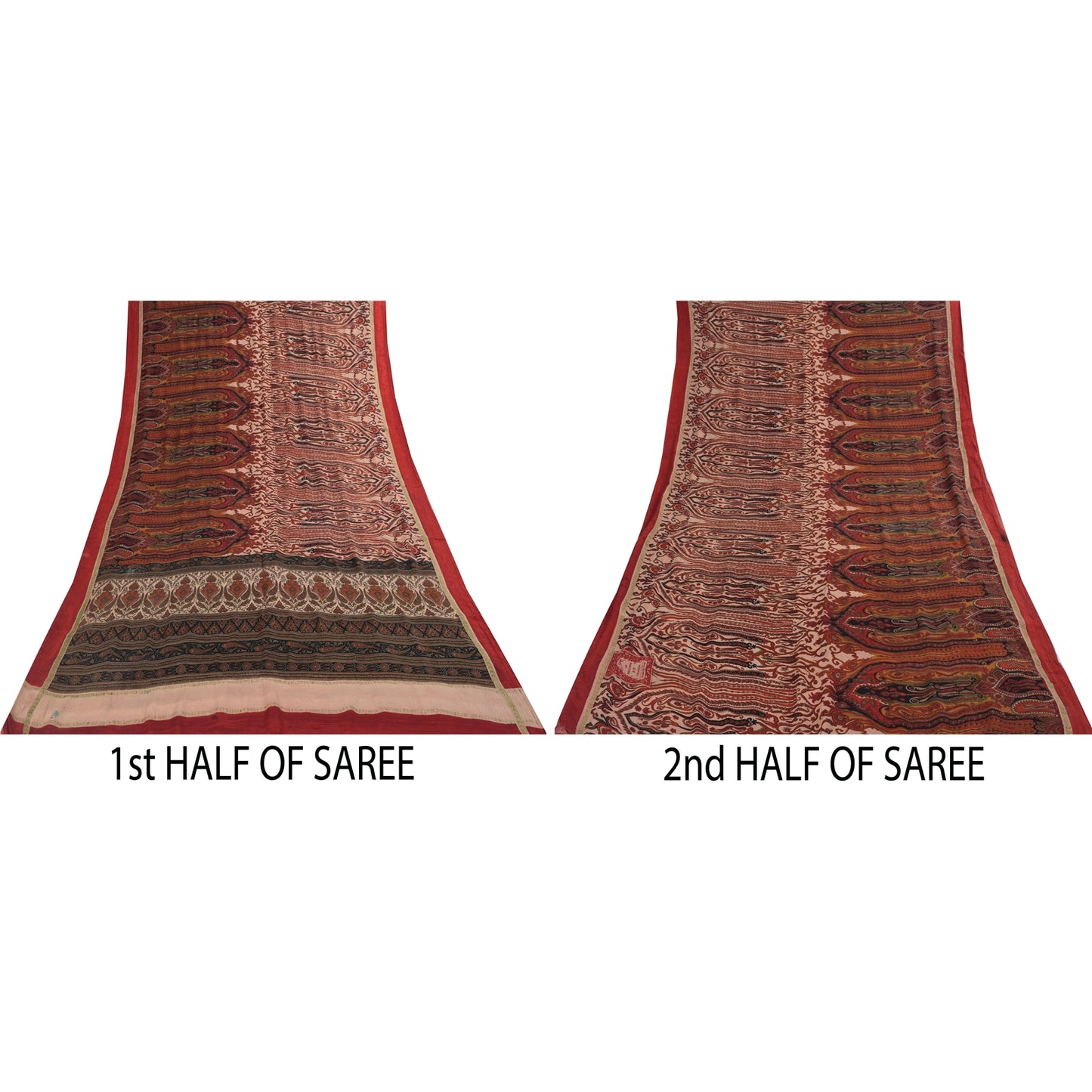 Sanskriti Vintage Sarees Peach & Red Pure Silk Printed Sari 5+yd Craft Fabric