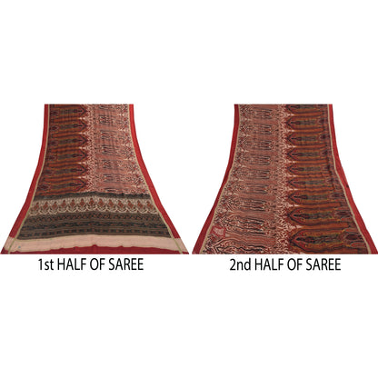 Sanskriti Vintage Sarees Peach & Red Pure Silk Printed Sari 5+yd Craft Fabric