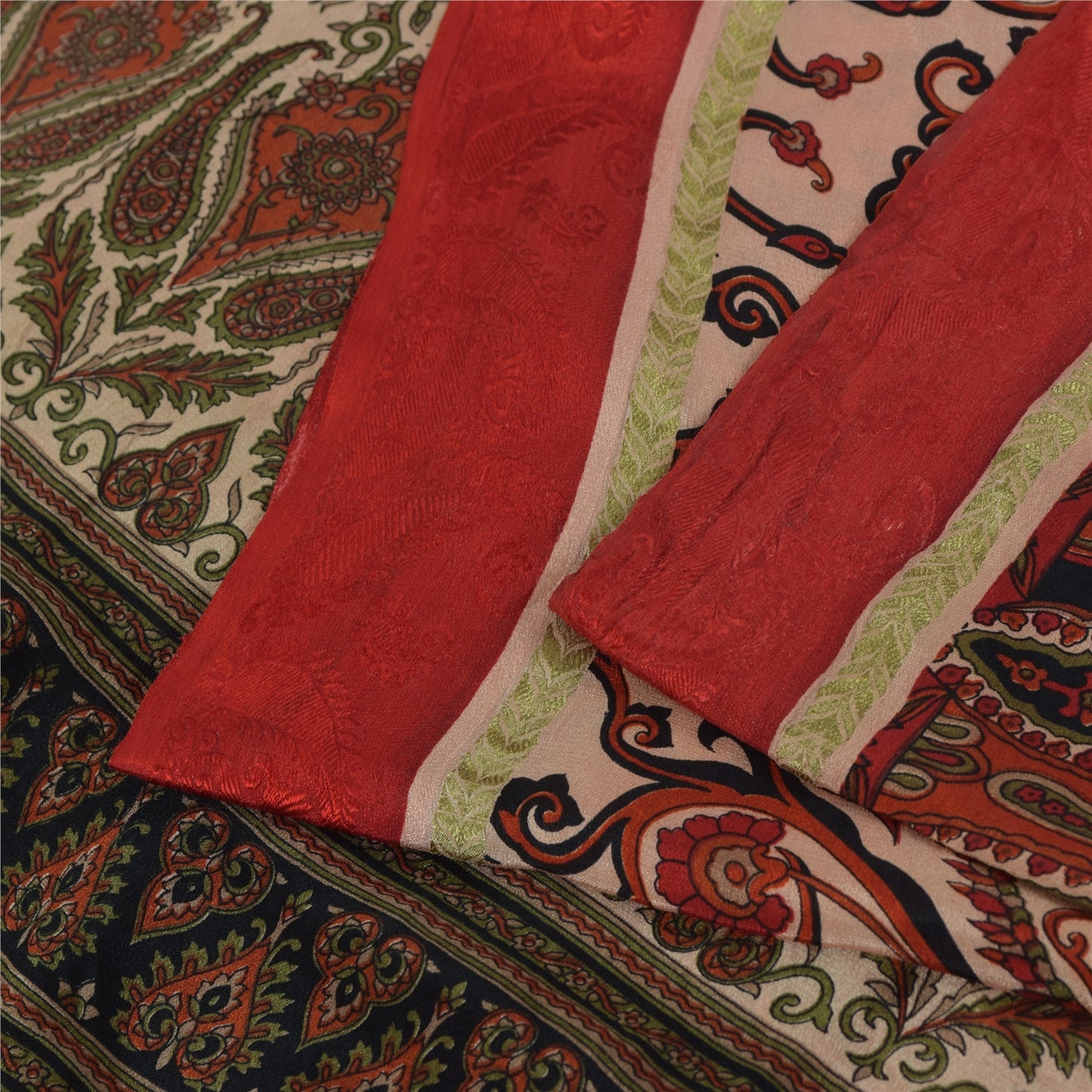 Sanskriti Vintage Sarees Peach & Red Pure Silk Printed Sari 5+yd Craft Fabric