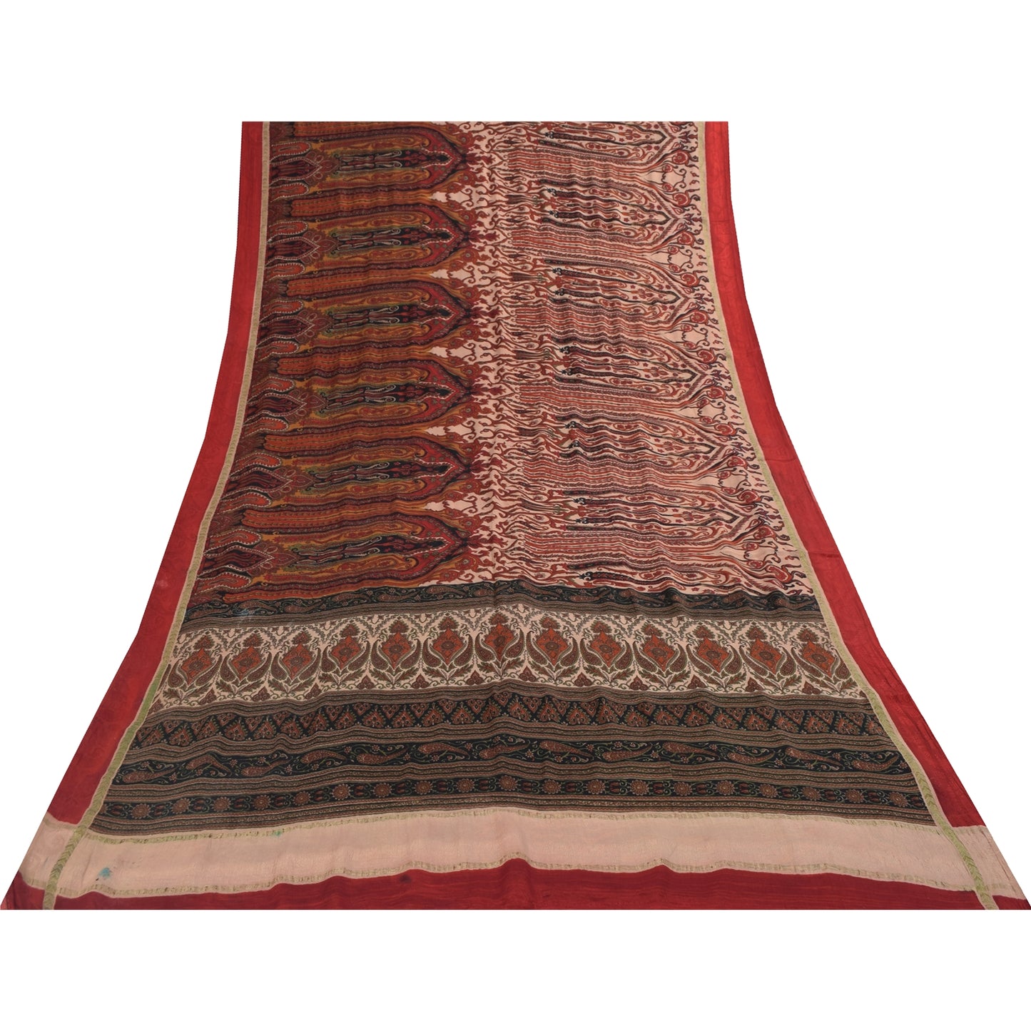 Sanskriti Vintage Sarees Peach & Red Pure Silk Printed Sari 5+yd Craft Fabric