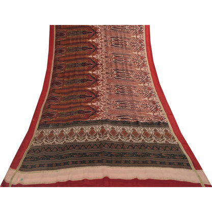 Sanskriti Vintage Sarees Peach & Red Pure Silk Printed Sari 5+yd Craft Fabric