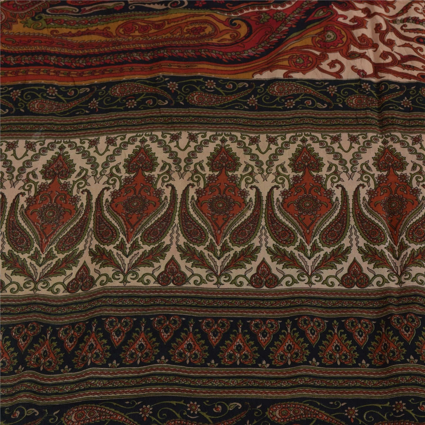 Sanskriti Vintage Sarees Peach & Red Pure Silk Printed Sari 5+yd Craft Fabric