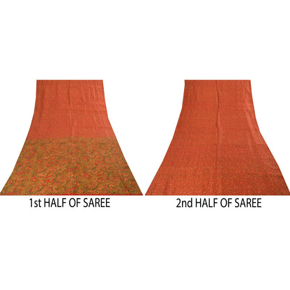 Sanskriti Vintage Sarees Orange Indisk Ren Silke Trykt Sari 6yd Håndværksstof