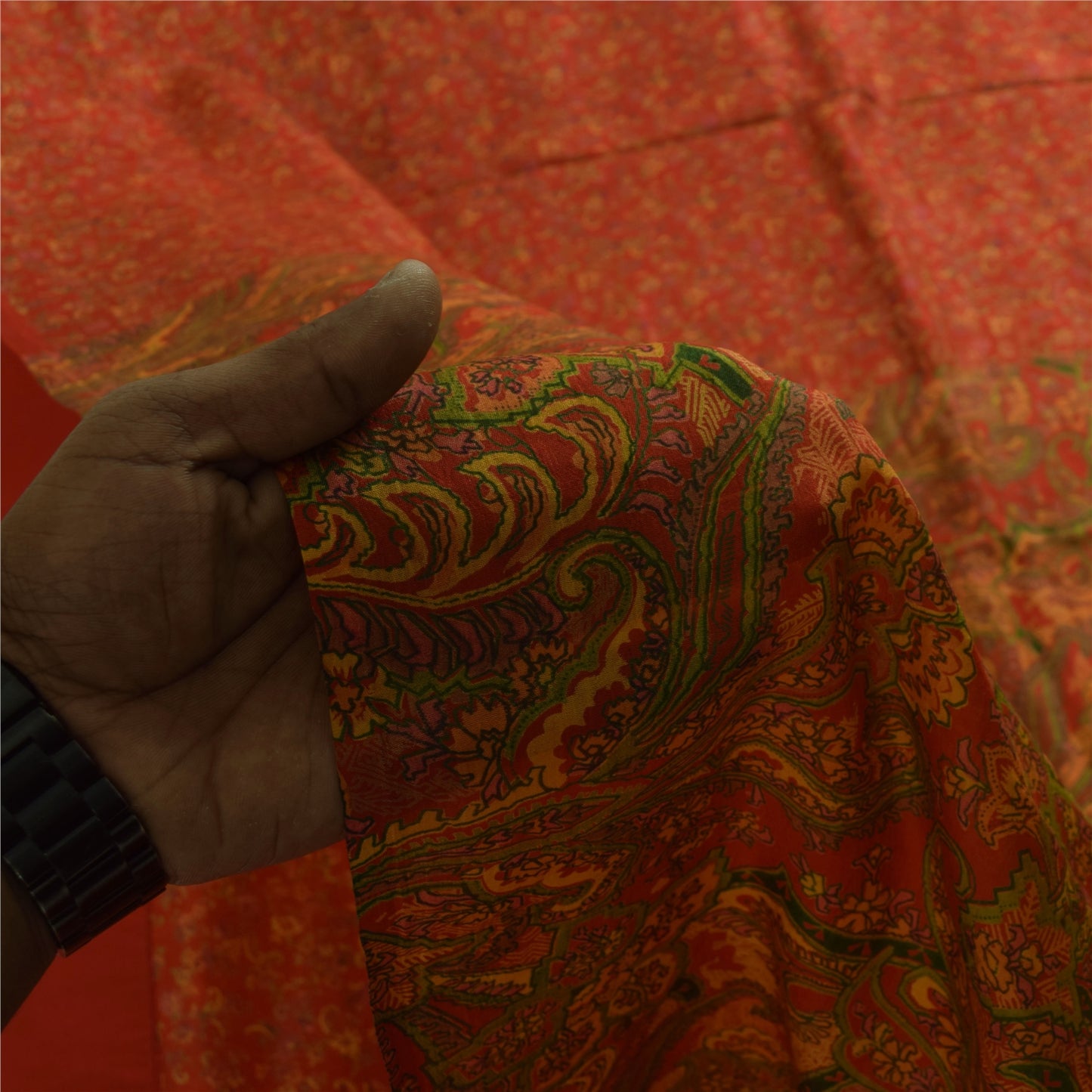 Sanskriti Vintage Sarees Orange Indisk Ren Silke Trykt Sari 6yd Håndværksstof