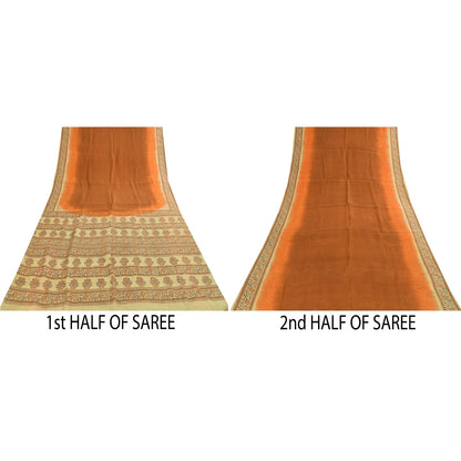 Sanskriti Vintage Sarier Brun Ren Silke Blomsterprintet Sari 5+ yard Håndværksstof