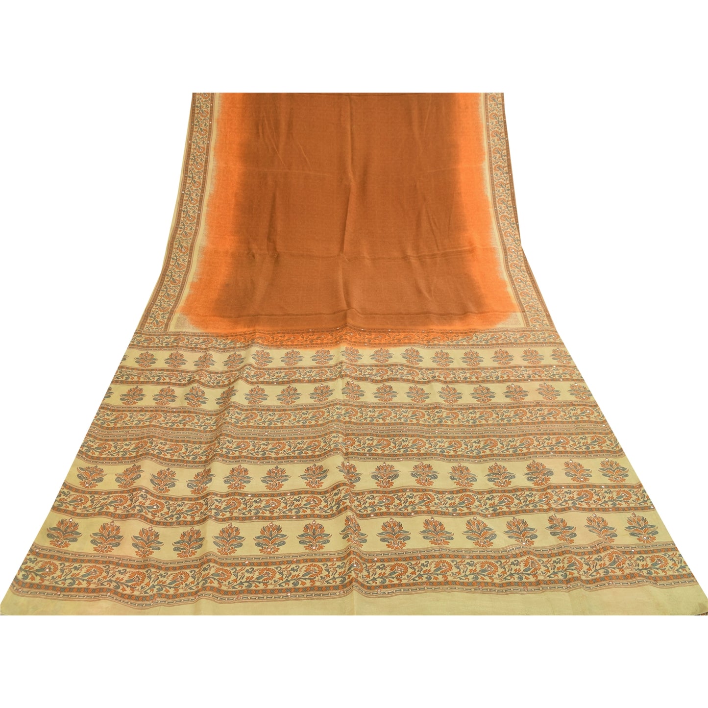 Sanskriti Vintage Sarier Brun Ren Silke Blomsterprintet Sari 5+ yard Håndværksstof