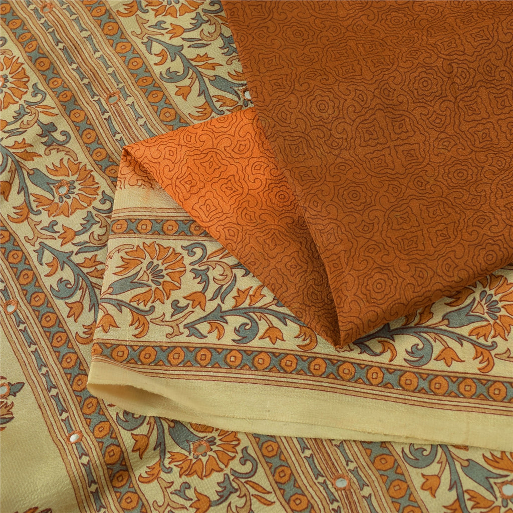 Sanskriti Vintage Sarier Brun Ren Silke Blomsterprintet Sari 5+ yard Håndværksstof