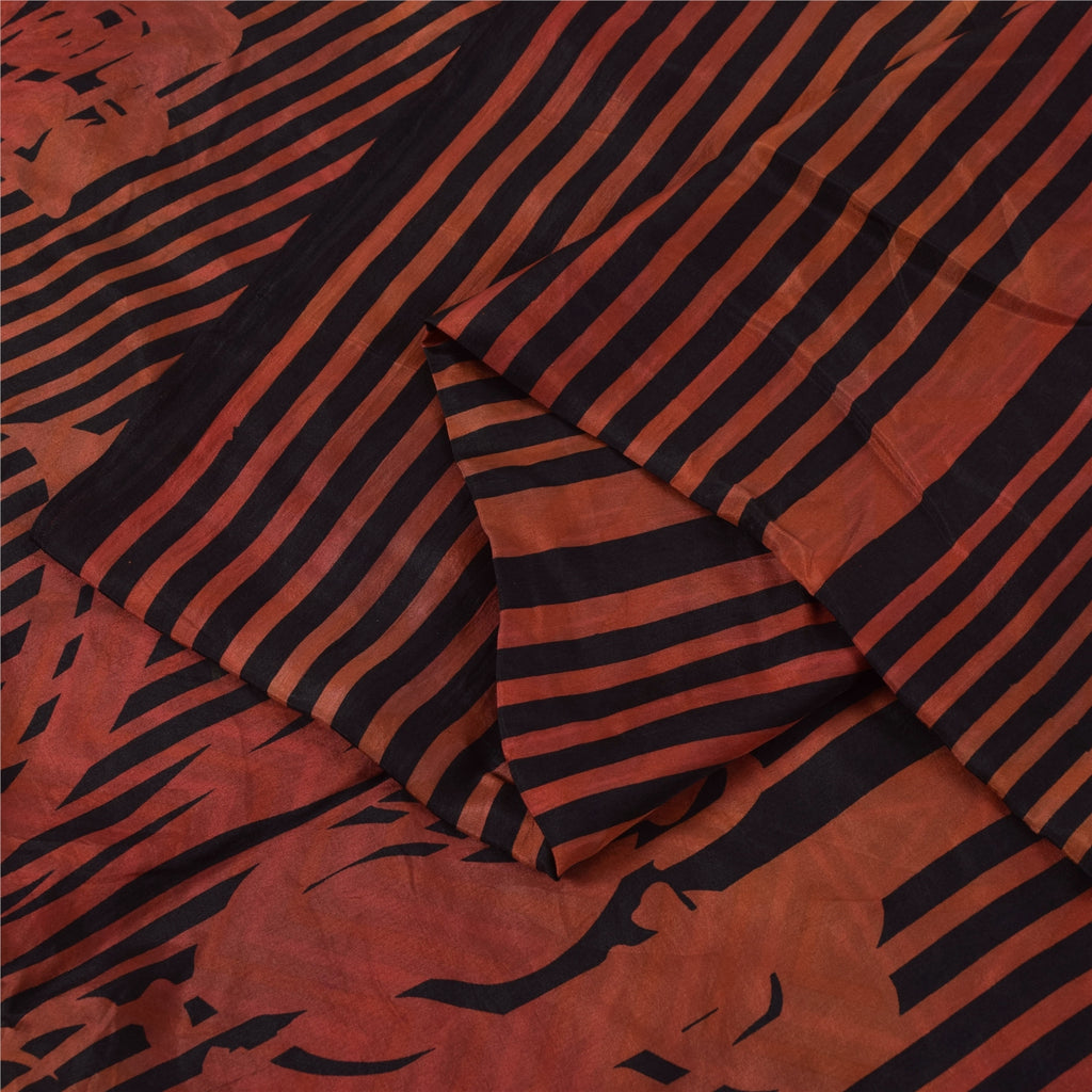 Sanskriti Vintage Sarees Red & Black Pure Silk Printed Sari 5+yd Craft Fabric