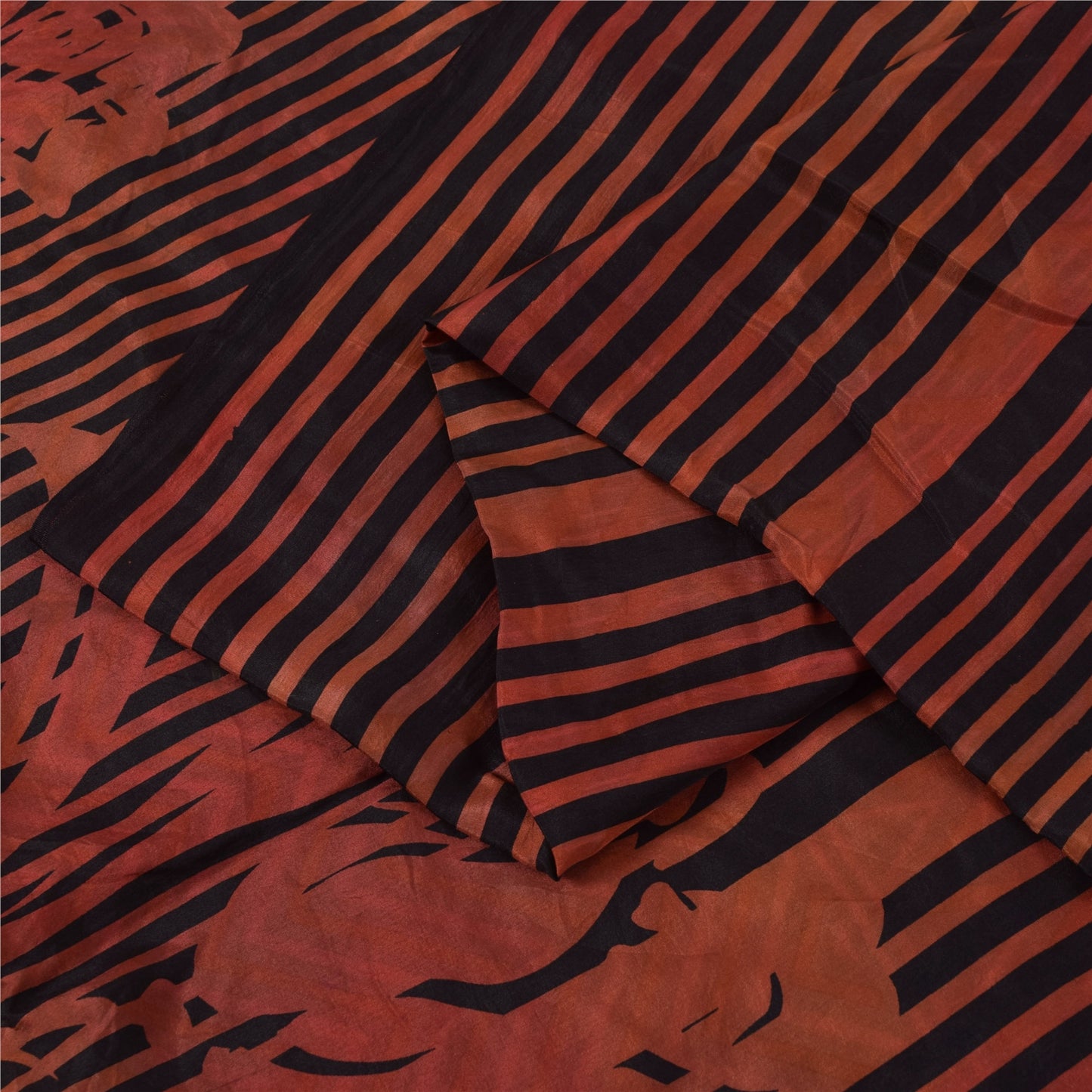 Sanskriti Vintage Sarees Red & Black Pure Silk Printed Sari 5+yd Craft Fabric