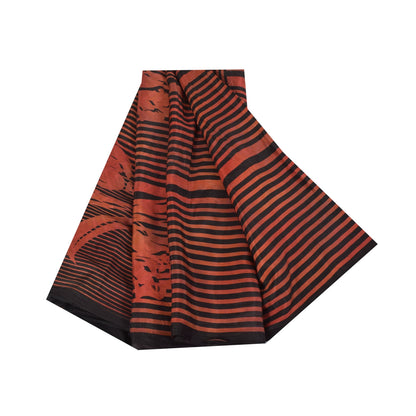 Sanskriti Vintage Sarees Red & Black Pure Silk Printed Sari 5+yd Craft Fabric
