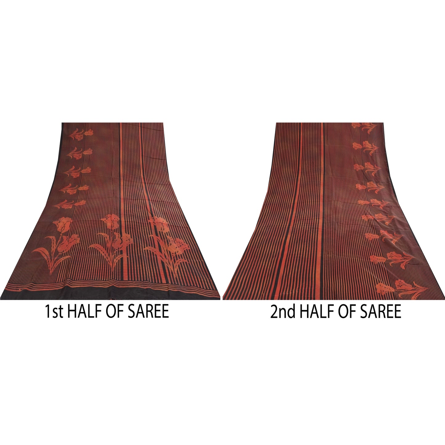 Sanskriti Vintage Sarees Red & Black Pure Silk Printed Sari 5+yd Craft Fabric