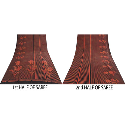 Sanskriti Vintage Sarees Red & Black Pure Silk Printed Sari 5+yd Craft Fabric