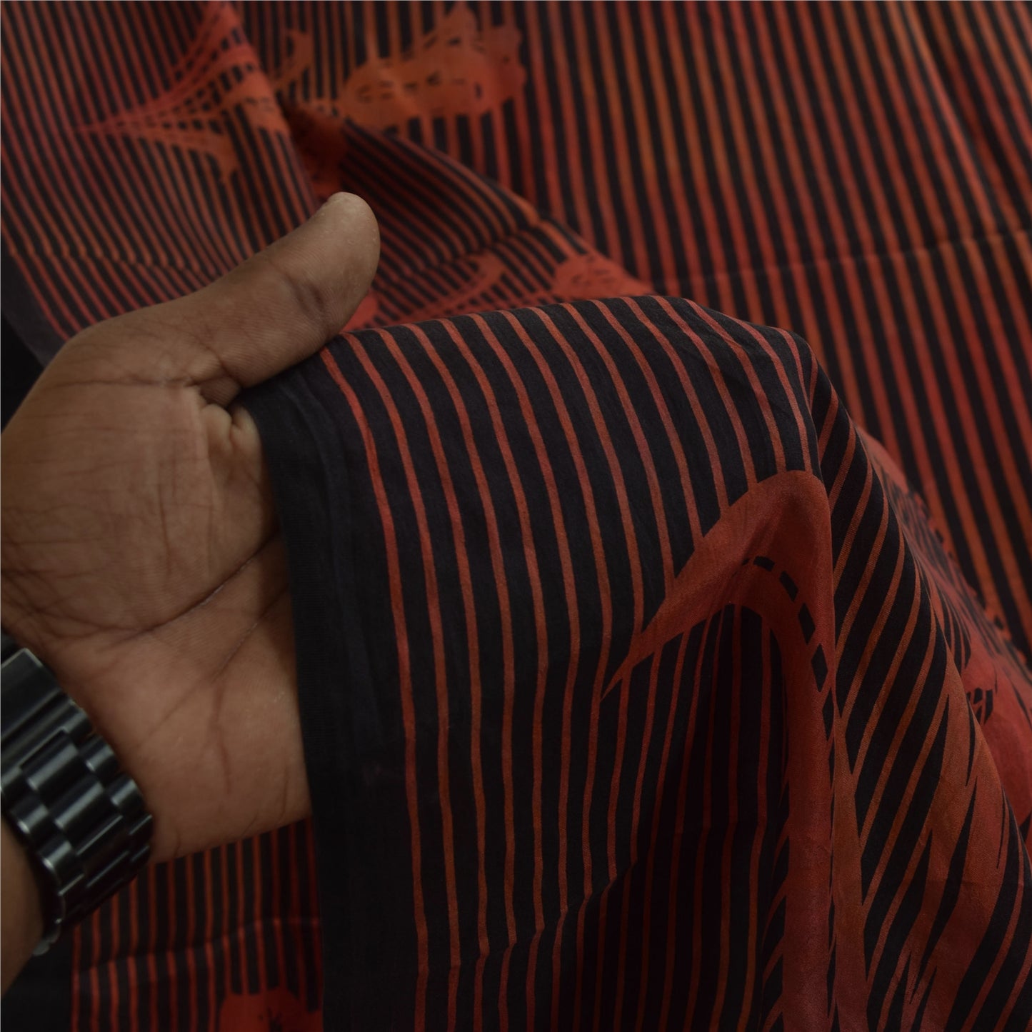 Sanskriti Vintage Sarees Red & Black Pure Silk Printed Sari 5+yd Craft Fabric