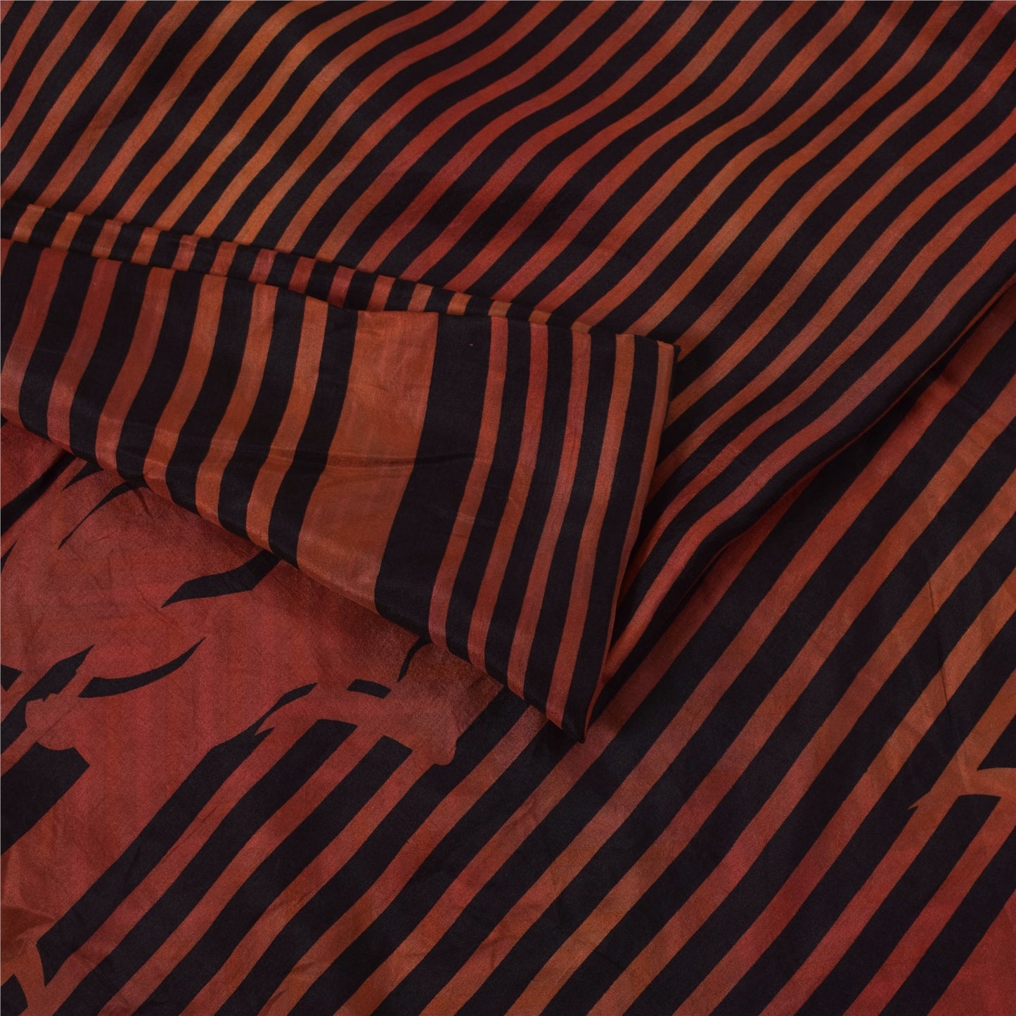 Sanskriti Vintage Sarees Red & Black Pure Silk Printed Sari 5+yd Craft Fabric