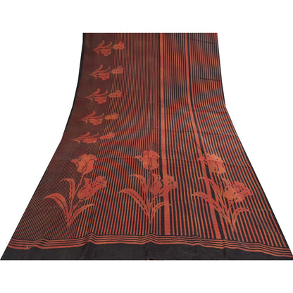 Sanskriti Vintage Sarees Red & Black Pure Silk Printed Sari 5+yd Craft Fabric